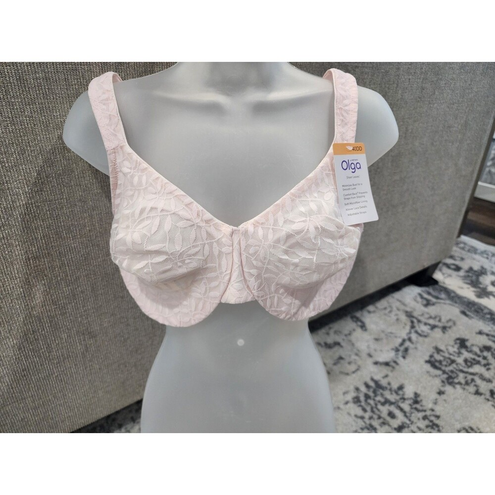 NEW Olga 40DD 35519 Lace Sheer Leaves Underwire Minimizer Bra Light Pink